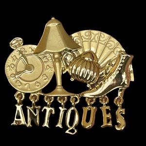 Vintage Antiques Charms Lamp Teapot Fan Clock Gold Tone Brooch Pin Signed AJC